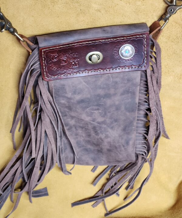 Custom leather hip bag purse fringe brown with strap and silver concho